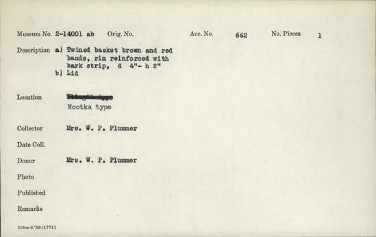 Documentation associated with Hearst Museum object titled Basket and lid, accession number 2-14001a,b, described as a) Twined basket brown and red bands, rim reinforced with bark strip.  b) Lid.