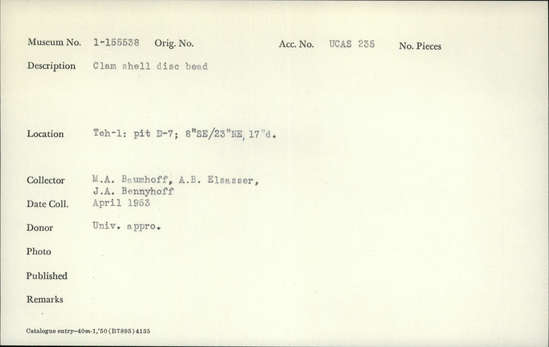 Documentation associated with Hearst Museum object titled Bead, accession number 1-155538, described as Clam shell disc.