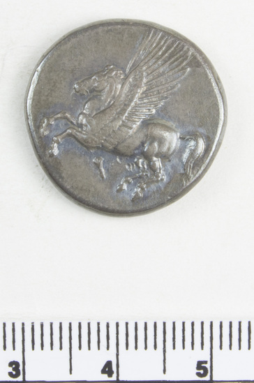 Hearst Museum object 6 of 11 titled Coin: ar stater, accession number 8-5485, described as Coin; AR; Stater; Greek. 8.5435 grams, 21.7 mm.  400-338 BC. Corinth, Greece. Obverse: Pegasus with pointed wings flying l.; below, Ϙ. Reverse: Head of Pallas l. helmeted; to left, “I”; to right, Nike flying l. carrying fillet. Remarks: "condition, excellent.