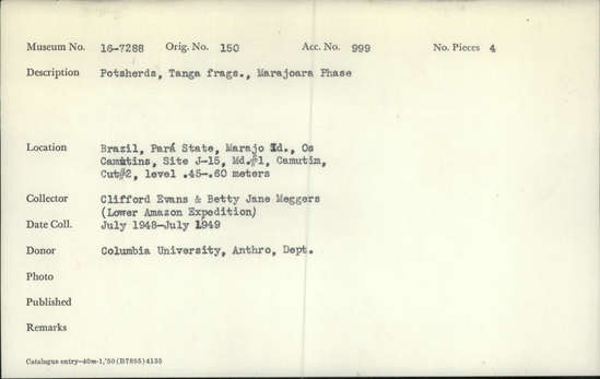 Documentation associated with Hearst Museum object titled Potsherds, accession number 16-7288, described as Potsherds, Tanga fragments Marajoara Phase