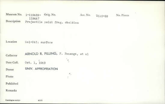 Documentation associated with Hearst Museum object titled Projectile point fragment, accession number 1-119441, described as Obsidian projectile point fragment.