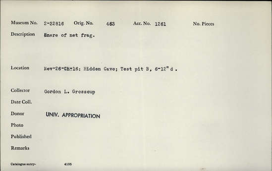 Documentation associated with Hearst Museum object titled Snare of net fragment, accession number 2-32816, described as Snare of net fragment.