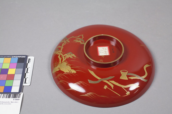 Hearst Museum object 2 of 2 titled Bowl, accession number 9-5689, described as Red and gold lacquer dish; country scene. part of saki set.