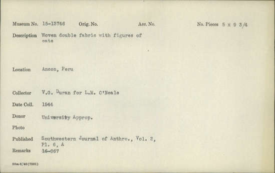 Documentation associated with Hearst Museum object titled Black-and-white negative, accession number 15-13746, described as Woven double fabric with figures of cats