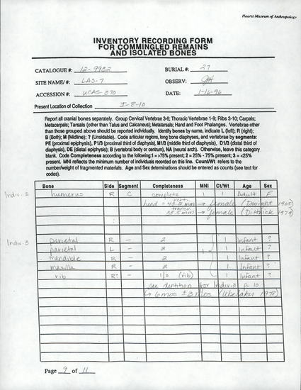 Documentation associated with Hearst Museum object titled Human remains, accession number 12-9932(0), described as The incomplete remains of a middle to old adult, probably female.