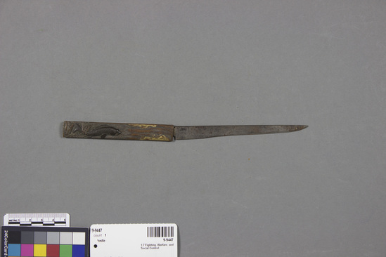 Hearst Museum object 3 of 4 titled Knife, accession number 9-9447, described as Knife, utility type; steel blade; red copper hilt; carp jumping waterfall; length 21.3 cm.