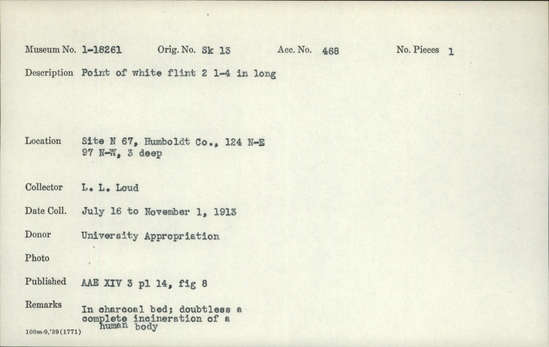 Documentation associated with Hearst Museum object titled Point, accession number 1-18261, described as White flint.