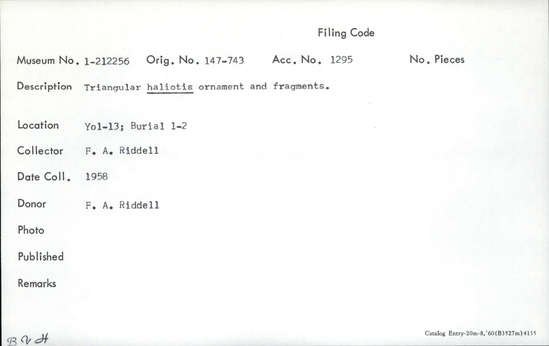 Documentation associated with Hearst Museum object titled Pendant fragment, accession number 1-212256, described as Triangular haliotis.