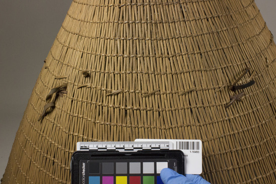 Hearst Museum object 4 of 9 titled Carrying basket, accession number 1-10493, described as Carrying basket; twined. Warp is possibly Maple (Acer macrophyllum), weft is Maple.