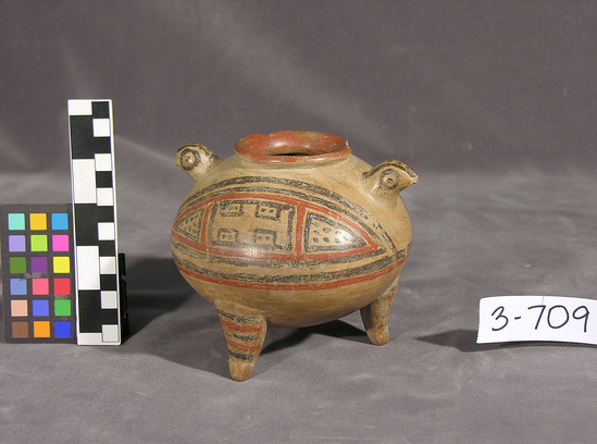 Hearst Museum object titled Bowl, accession number 3-709, described as Three-legged bowl; two-handled, three colors