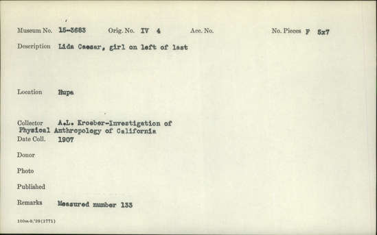 Documentation associated with Hearst Museum object titled Black-and-white negative, accession number 15-3683, described as Lida Caesar
