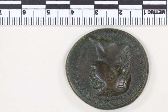 Hearst Museum object 9 of 12 titled Coin: æ sestertius, accession number 8-5518, described as Coin; AE; Sestertius; Roman. 26.65 grams, 33 mm. Trajan, 103-111 AD. Obverse: IMP CAES NERVAE TRAIANO AVG GER DAC PM TRP COS V(?) PP(?), head of Trajan r. laureate. Reverse: S.P.Q.R. OPTIMO PRINCIPI, Trajan mounted r. cuirassed and cloaked, lance aimed at barbarian r.; in exergue, S C