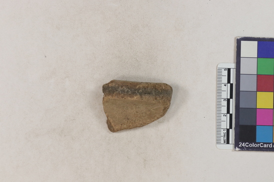 Hearst Museum object 100 of 160 titled Potsherd, accession number 16-8191, described as Potsherd: rims Section of Manta on beach currently inhabited. Numbers  8111 to 8194 are sherds picked up on beach at low tide.