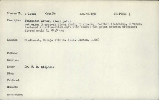 Documentation associated with Hearst Museum object titled Arrow, accession number 2-15826, described as Feathered; steel point; not cane. 3 grooves along shaft, 1 zig-zag; feather fletching. 3 vanes, fastened at extremities only with sinew. Red paint between wrapping, flared nock.