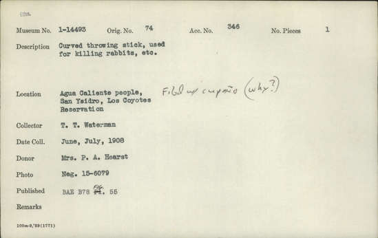 Documentation associated with Hearst Museum object titled Black-and-white negative, accession number 15-6079, described as Californian bull-roarers, fire drills, throwing sticks: 1-9215b, 1-1753, 1-14493, 1-13852 ab, 1-13851 ab, 1-4035, 1-9208, 1-2679