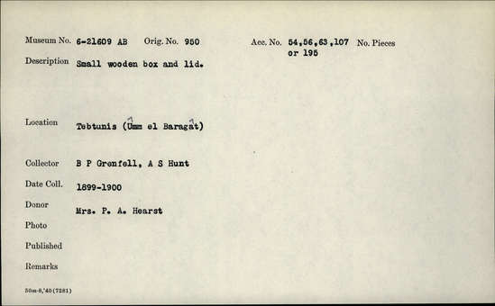 Documentation associated with Hearst Museum object titled Box with lid, accession number 6-21609, described as Small wooden box and lid