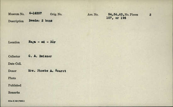 Documentation associated with Hearst Museum object titled Bone beads, accession number 6-16357, described as Beads: 2 bone.