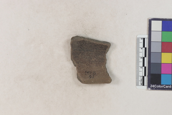 Hearst Museum object 80 of 160 titled Potsherd, accession number 16-8191, described as Potsherd: rims Section of Manta on beach currently inhabited. Numbers  8111 to 8194 are sherds picked up on beach at low tide.