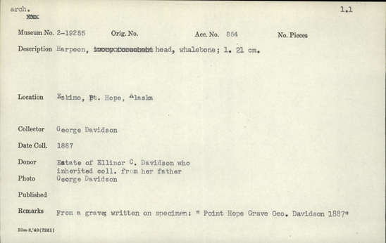 Documentation associated with Hearst Museum object titled Harpoon, accession number 2-19255, described as Head. Whalebone.