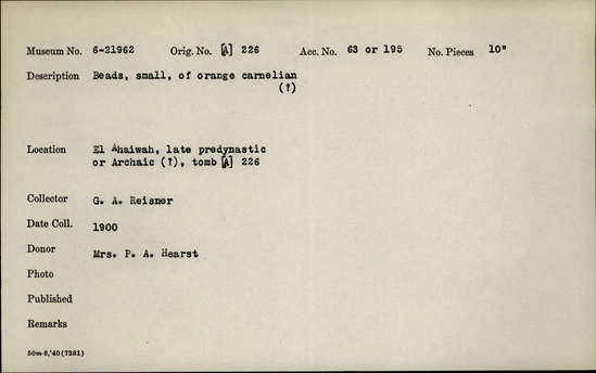 Documentation associated with Hearst Museum object titled Beads, accession number 6-21962, described as Beads, small, of orange carnelian( ?).