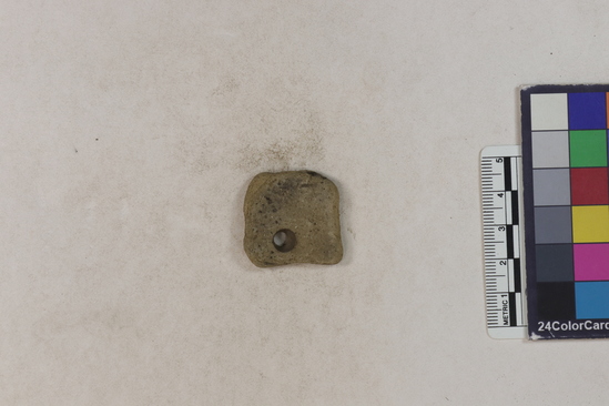 Hearst Museum object titled Potsherd, accession number 16-8126, described as Potsherd; body, drilled hole Section of Manta beach currently inhabited. Numbers  8111 to 8194 are sherds picked up on beach at low tide.