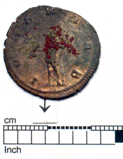 Hearst Museum object 8 of 8 titled Coin: billon antoninianus, accession number 8-5666, described as Coin. Roman. Antoninianus, silver (     gms., 22 mm.) Gallienus, Siscia 266?-268 AD.. Obverse: GALLIENVS  AVG   Bust facing right radiate. Reverse: IO.  CANTAB  Jupiter in military dress standing facing left holding thunderbolt and scepter.