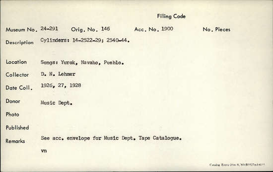 Documentation associated with Hearst Museum object titled Audio recording, accession number 24-291, described as Songs: Yurok, Navaho, Pueblo. See acc. envelope for music dept. tape catalogue. Cylinders: 14-2522-29, 2540-44.