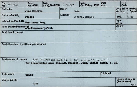 Documentation associated with Hearst Museum object titled Audio recording, accession number 24-2449, described as War Dance Song Notebook 14, p.165 Series 12, Record 8