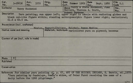 Documentation associated with Hearst Museum object titled Yarn painting, accession number 3-28636, described as Yarn painting; sun upper left; upper right is circle with radiating globes and black cat-like figure within; standing anthropomorphic figure lower right; varicolored; 61.6 X 60.5 cm