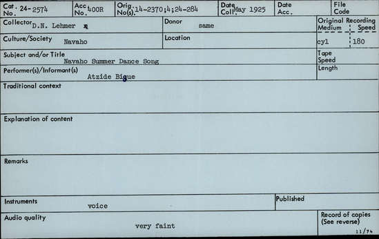 Documentation associated with Hearst Museum object titled Audio recording, accession number 24-2574, described as Navajo Summer Dance Song