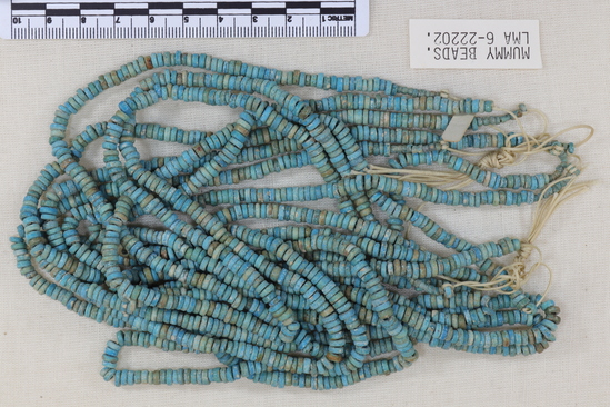 Hearst Museum object 3 of 8 titled Beads, accession number 6-22202, described as beads, uniformly ring-shaped, of blue faience