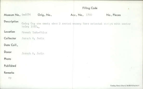 Documentation associated with Hearst Museum object titled Coin: copper 1 cent, accession number 9-6074, described as Coin; Cu; one cent. Obverse: 2 seated women. Reverse: oriental script with center hole; 1922