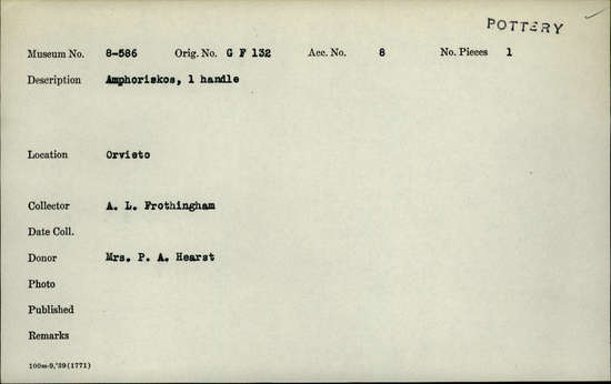 Documentation associated with Hearst Museum object titled Amphoriskos, accession number 8-586, described as Amphoriskos, 1 handle