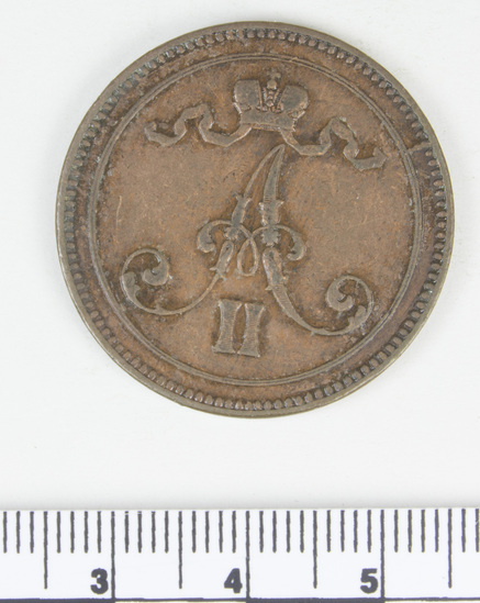 Hearst Museum object titled Coin, accession number 7-2776, described as Copper; Obverse: crest of Alexander II of Russia Reverse: - 10 penniä. 1866; 12.8 grams.