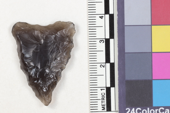 Hearst Museum object titled Projectile point, accession number 16-14219, described as Projectile point; obsidian; triangular; weight: 5.04 grams; length: 3.45 cm; width: 2.65 cm; depth: 0.6 cm; slight convex sides, slight concave base, thinned base.