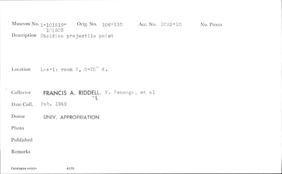 Documentation associated with Hearst Museum object titled Projectile point, accession number 1-101519, described as Obsidian.