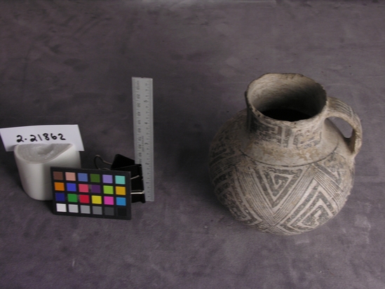 Hearst Museum object titled Jar, accession number 2-21862, described as Globose gray jar, black designs, handle.