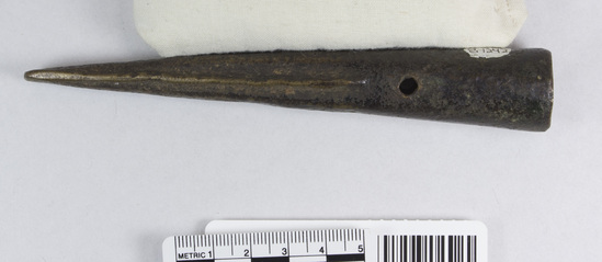 Hearst Museum object titled Spearhead, accession number 8-1242, described as Bronze spearhead; rounded; two holes
