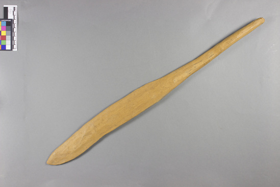 Hearst Museum object titled Paddle, accession number 5-4142, described as Wooden paddle; for handling food roasted in coals; 61.5 cm long.