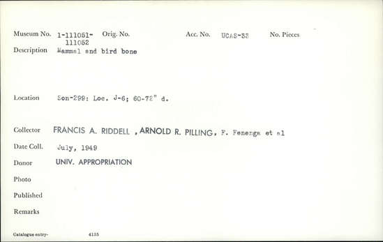 Documentation associated with Hearst Museum object titled Faunal remains, accession number 1-111051, described as Mammal and bird.