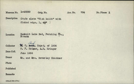 Documentation associated with Hearst Museum object titled Knife, accession number 1-42020, described as Crude slate "fish knife" with flaked edge.