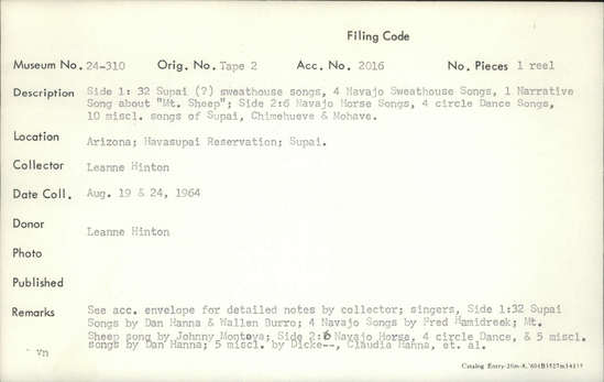 Documentation associated with Hearst Museum object titled Audio track, accession number 24-310.SE#23.A.1, described as Side 1: 32 Supai (?) sweathouse songs, 4 Navajo sweathouse songs, 1 narrative song about “Mt. Sheep”. Side 2: 6 Navajo horse songs, 4 Circle Dance songs, 10 miscl.  songs of Supai, Chimehueve and Mohave. Singers, Side 1: 32 Supai Songs by Dan Hanna and Wallen Burro, 4 Navajo Songs by Fred Hamidreek. Mt. Sheep song by Johnny Montoya. Side 2: 6 Navajo horse, 4 Circle Dance and 5 miscl. songs by Dan Hanna, 5 miscl. by Dicke-- [sic], Claudia Hanna, et al. See acc. envelope for detailed notes by collector.