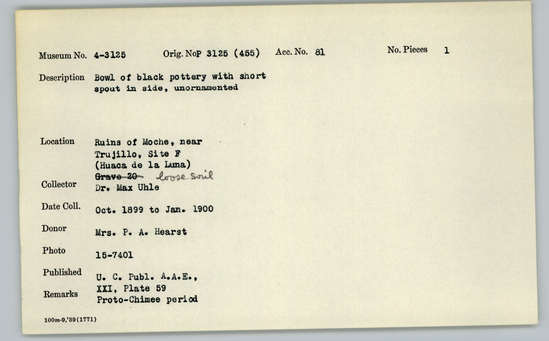 Documentation associated with Hearst Museum object titled Bowl, accession number 4-3125, described as Bowl of black pottery with short spout in side, unornamented.