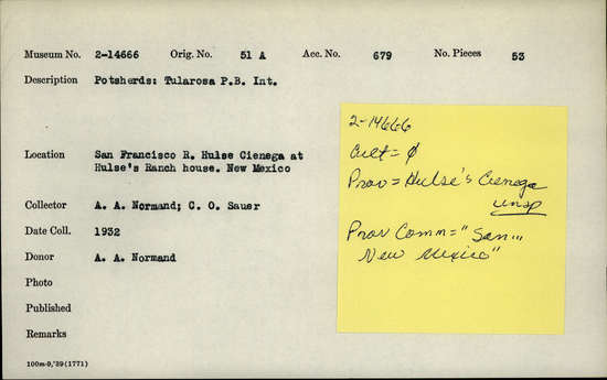 Documentation associated with Hearst Museum object titled Potsherds, accession number 2-14666, described as Tularosa P.B. Int.