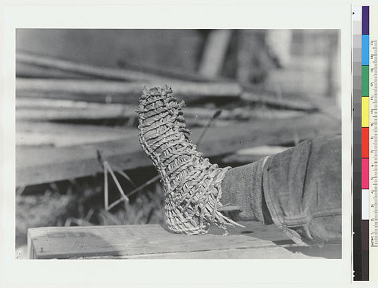Hearst Museum object titled Black-and-white negative, accession number 15-4069, described as Tule moccasin for winter use