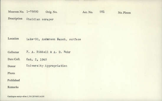 Documentation associated with Hearst Museum object titled Scraper, accession number 1-78690, described as Obsidian.