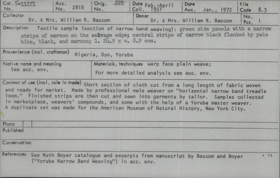 Documentation associated with Hearst Museum object titled Textile fragment, accession number 5-11221, described as textile sample (section of narrow band weaving): green side panels with a narrow stripe of maroon on the selvage edge; central stripe of narrow black flanked by pale blue, black, and maroon.