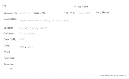 Documentation associated with Hearst Museum object titled Shell, accession number 1-148742, described as Unmodified, unidentified.