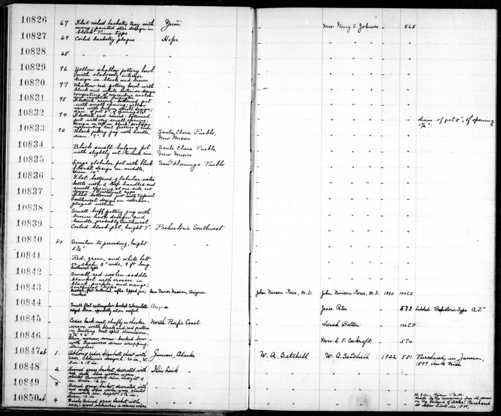 Documentation associated with Hearst Museum object titled Bowl, accession number 2-10830, described as Ceramic, redware, circular design on interior in black and white, black rim and framing lines, one area of rim cracked and repaired.