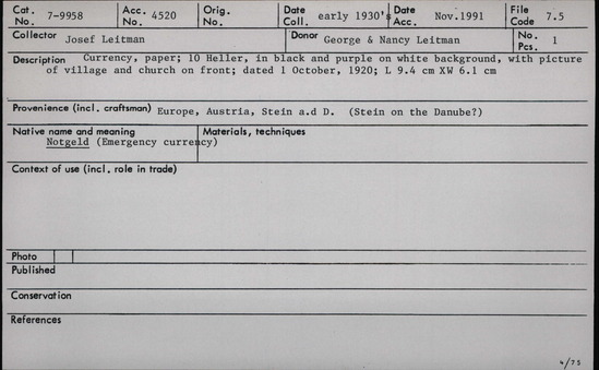 Documentation associated with Hearst Museum object titled Notgeld: 10 heller, accession number 7-9958, described as Currency (notgeld: emergency wartime currency), paper; 10 Heller, in black and purple on white background, with picture of village and church steeple on front;; dated 1 October 1920; length 9.4 cm; width 6.1 cm.